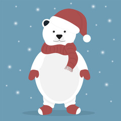 White cute bear in santa claus hat. Teddy bear in mittens and socks. Winter illustration