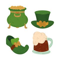 happy st patricks day leprechaun cauldron shoe hat and beer icon flat vector