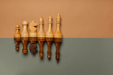 Chess pieces in a row on a flat background top view