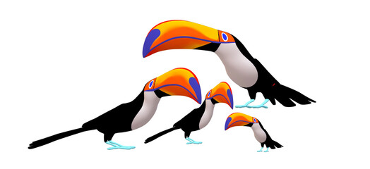 3d illustration of birds toucans isolated on white background