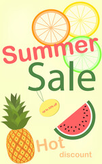Summer discounts. Discount card. Citrus fruits, summer fruits on a bright yellow background. Discounts up to 50 . Warm summer colors. illustration
