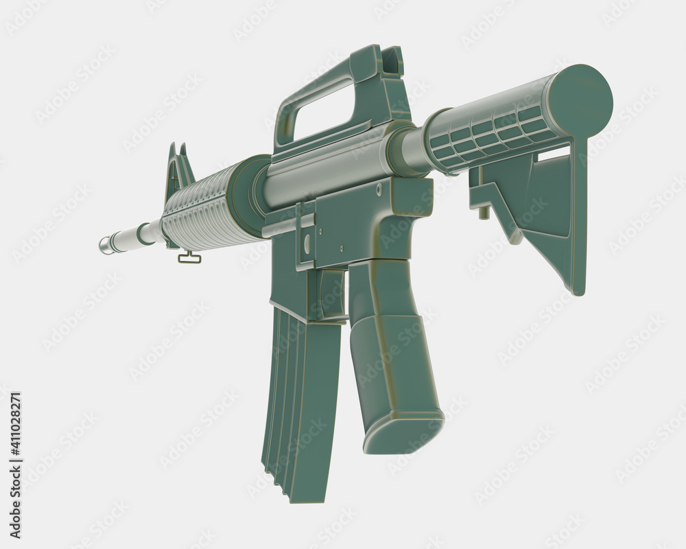 Poster machine gun with right side view, isolated on grey background. 3d rendering - illustration