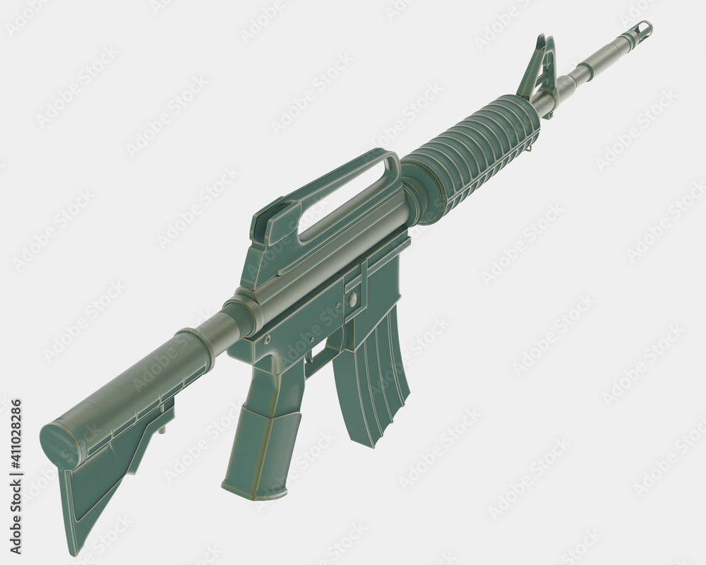 Poster machine gun with right side view, isolated on grey background. 3d rendering - illustration
