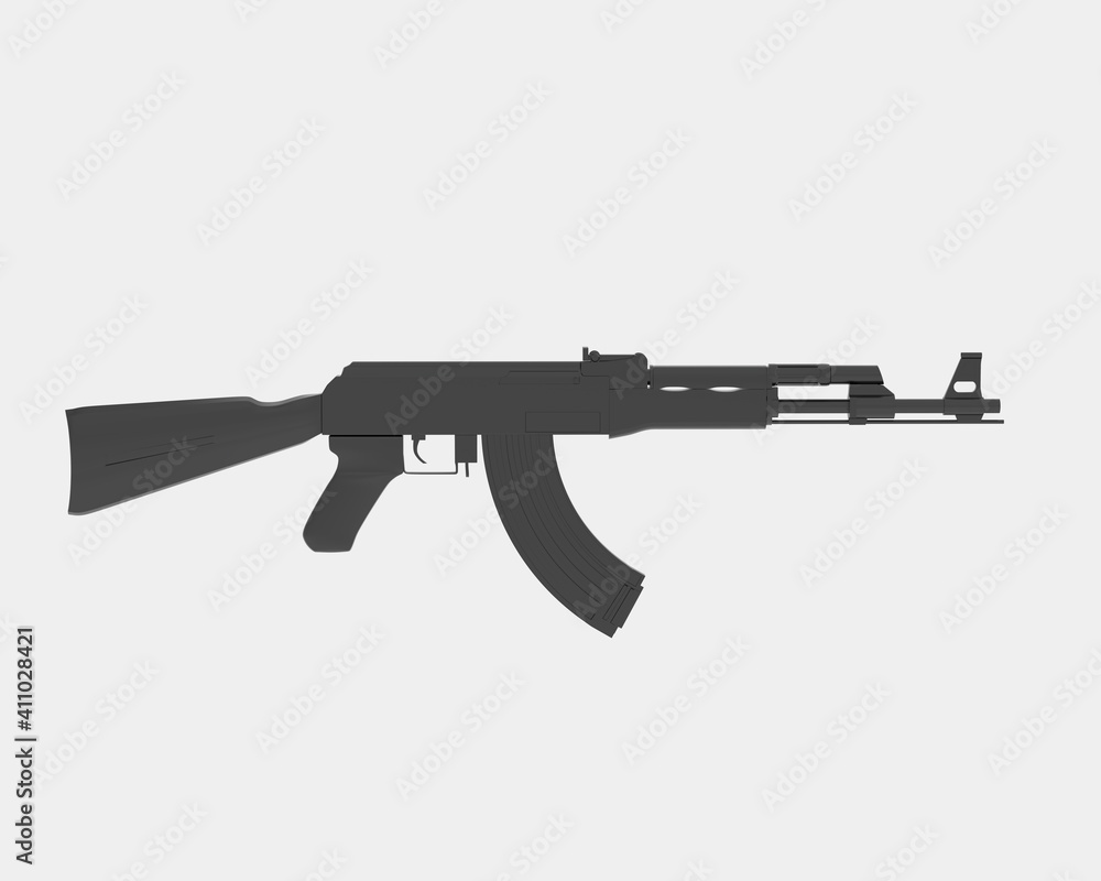 Poster machine gun with right side view, isolated on grey background. 3d rendering - illustration
