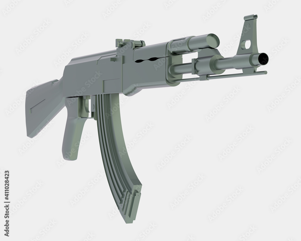 Poster machine gun with right side view, isolated on grey background. 3d rendering - illustration