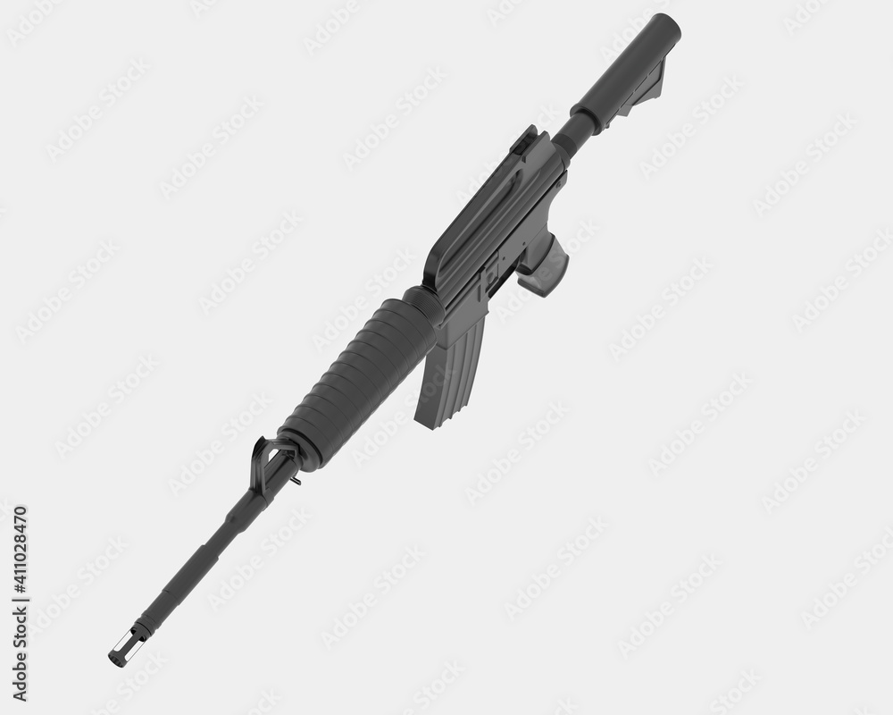 Poster machine gun with right side view, isolated on grey background. 3d rendering - illustration