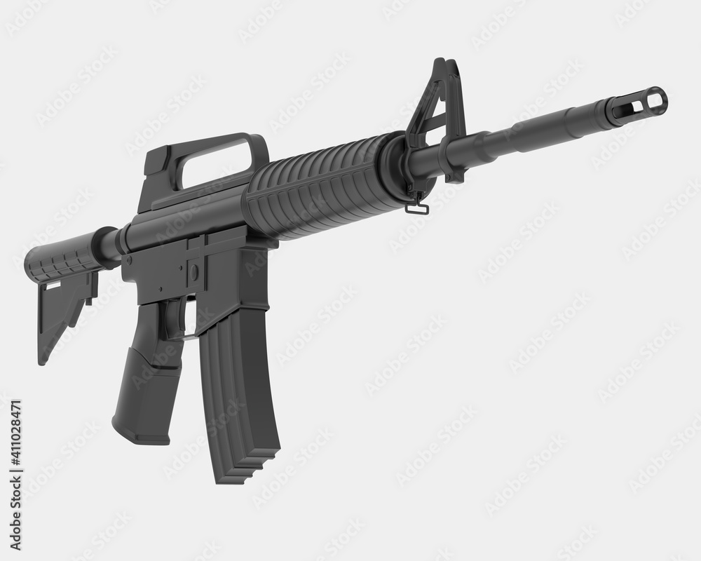 Poster machine gun with right side view, isolated on grey background. 3d rendering - illustration