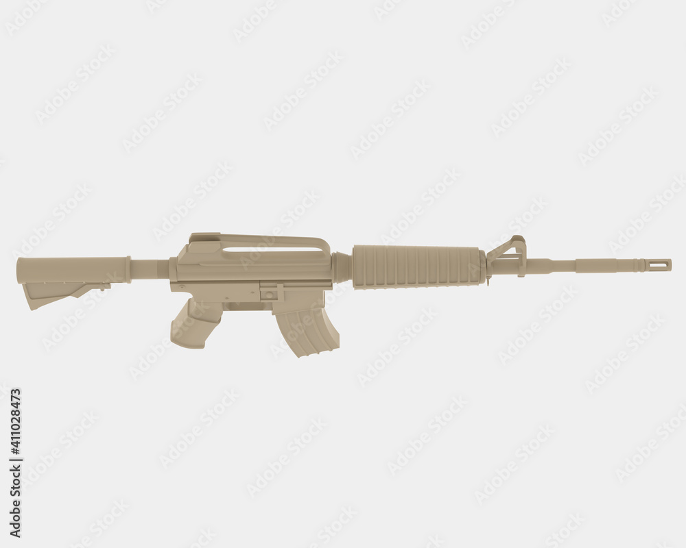 Poster machine gun with right side view, isolated on grey background. 3d rendering - illustration