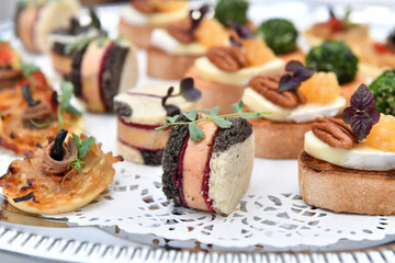 Catering. Colorful meat snacks with bread fruits and vegetables on a white plate.