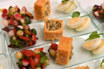 Catering. Colorful meat snacks with bread fruits and vegetables on a white plate.