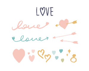 LOVEの手書き文字とハートのおしゃれ手書きイラスト　Love hand drawn lettering in form arrow Set