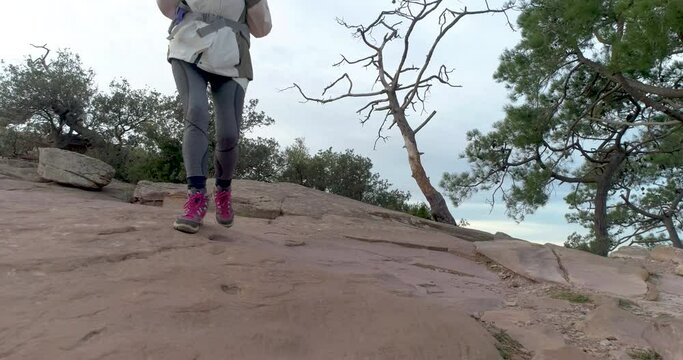 vista frontal de mujer adulta descendiendo roca de coma con &aacute;rbol seco
