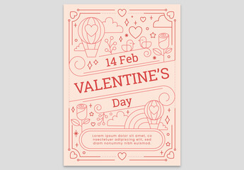 Peach Valentine's Day Card Flyer with Balloon Bird Rose in the Sky and Heart