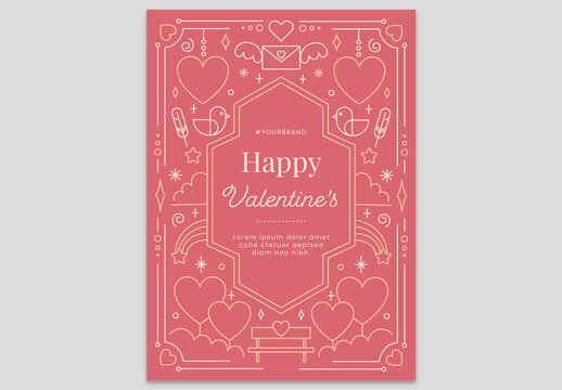 Pink Valentine's Day Card Flyer with Envelope Feather Shooting Star Bench Chair and Birds