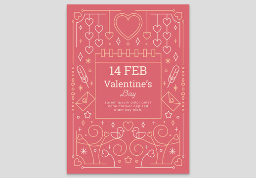 Pink Valentine's Day Card Flyer with Hearts Envelope Love Birds Feather and Calendar