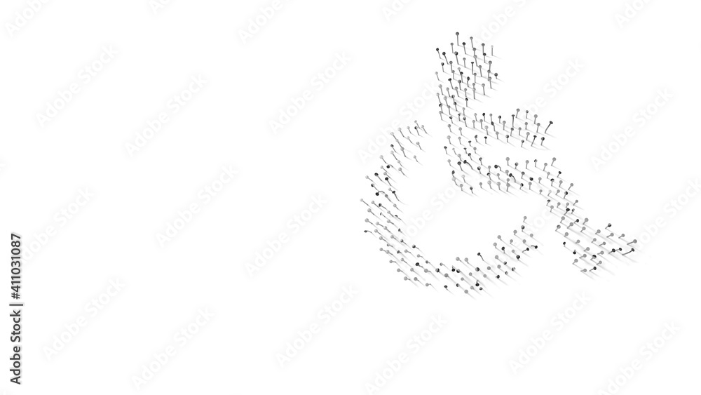 Poster 3d rendering of nails in shape of symbol of wheelchair with shadows isolated on white background