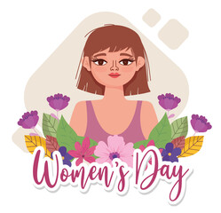 Womens Day cartoon portrait young woman with flowers card
