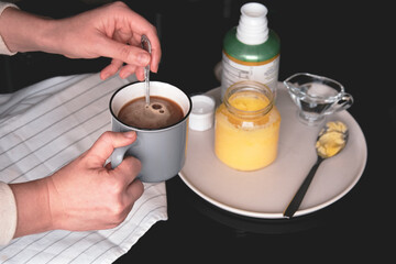 Bulletproof coffee, keto breakfast made with butter and MCT oil