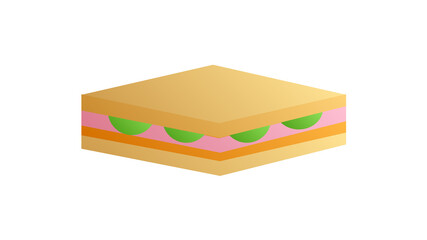 sandwich with filling on a white background, illustration. appetizing sandwich with meat, sausage, cheese and herbs. quick lunch. fast food snack. sandwich at the gas station