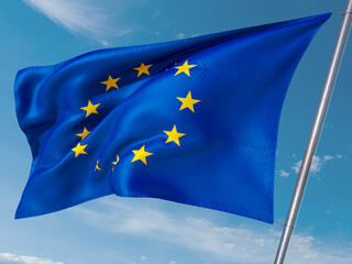 The European Union flag waving in the blue sky