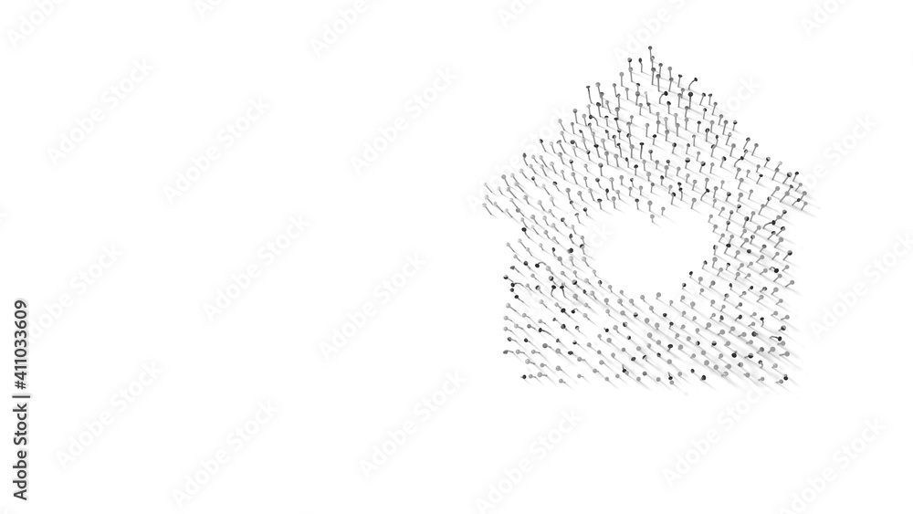 Poster 3d rendering of nails in shape of symbol of house with shadows isolated on white background