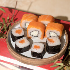 Assorted sushi set at home. Sushi background. Asian or Japanese food
