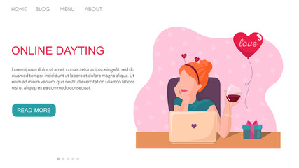 Vector flat illustration landing page or template woman online dayting. Celebrates valentine's day, drinking wine and have virtual meeting.