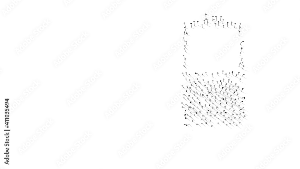 Poster 3d rendering of nails in shape of vertical symbol of half charged battery with shadows isolated on w