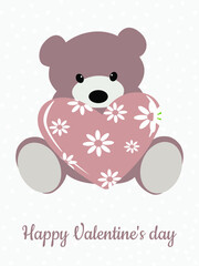 Cute bear and heart with spring flower pattern. Valentine's card in pastel colors. Template for fashion prints on cups, pillows, textiles, clothes, T-shirts. Vector graphics.