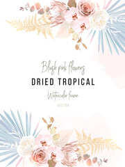 Trendy dried palm leaves, blush pink and ivory rose, pale protea, white orchid, gold fern