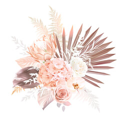 Trendy dried palm leaves, orange, white rose, rust protea, orchid, hydrangea, pampas grass