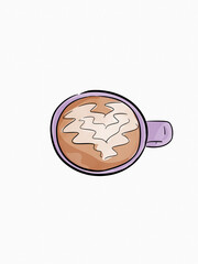 Coffee, coffee mug, heart design in coffee top view illustration isolated on white background