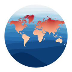 World Map Vector. Van der Grinten III projection. World in red orange gradient on deep blue ocean waves. Beautiful vector illustration.