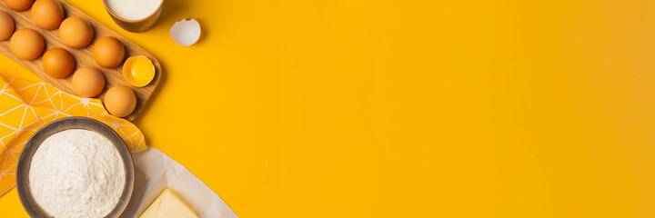 Banner with baking ingredients on yellow background. Mockup for recipe or cooking blog with eggs,...