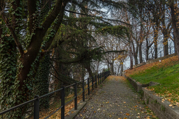 Beautiful park in the castle of the city of Brescia on a sunny clear day against a bright blue sky. Part of Brescia castle. Castello di Brescia, Lombardy, Italy.