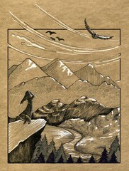 A landscape view of a valley with a river and a forest, flying birds in the sky and a girl on a rock. Black and white drawing on yellow paper.