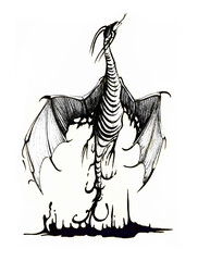 A flying dragon from black fire. Black and white silhouette of a dragon. Freehand ink drawing.
