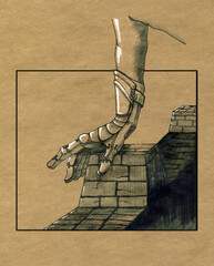Hand clad in leather armor on the battlements of the stone wall. Black and white ink illustration on yellow craft paper.