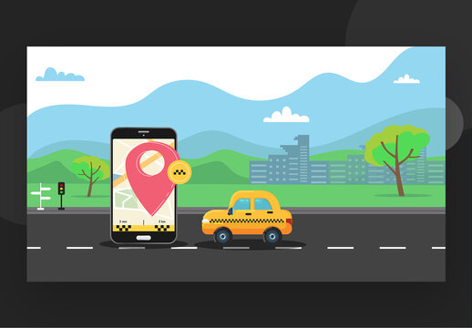 Responsive Landing Page Design with Location App in Smartphone and Taxi on Road for Taxi Service Concept.
