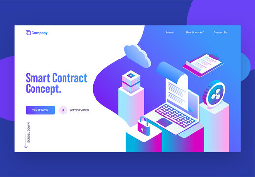 Smart Contract Concept Based Landing Page with Isometric View of Online E-Contract from Laptop and Data Security.