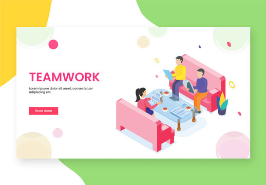 Responsive Landing Page with Business People in Meeting Room for Teamwork Concept Based Isometric Design.
