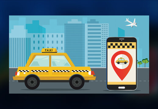 Taxi Location Tracking App in Smartphone with Urban View for Taxi Service Concept Based Landing Page.