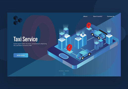 Taxi Service Landing Page Design with Isometric City View and Location Tracking of Taxi on Smartphone Screen.