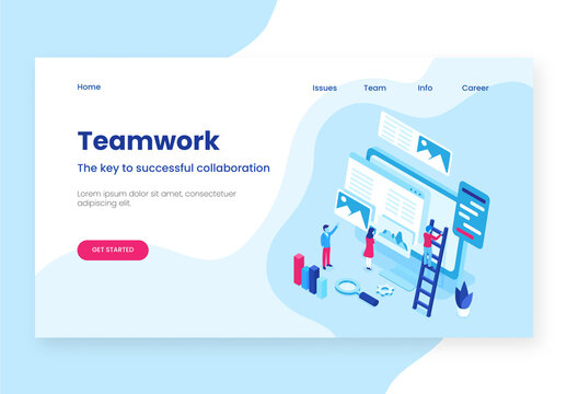 Teamwork Concept Based Landing Page with Business People Maintain Website Together in Desktop.