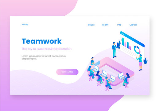 Teamwork Landing Page Design with Business People Meeting and Info-Graphic Presentation at Workplace.