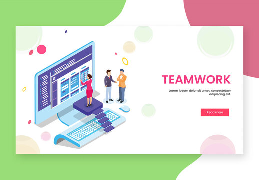 Teamwork Concept Based Landing Page with Business Woman Maintain Website in Desktop and Men Discussing