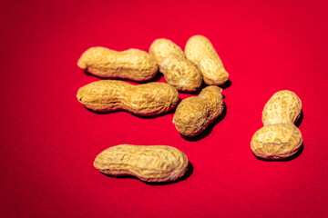 Close up of peanuts in shell on red background