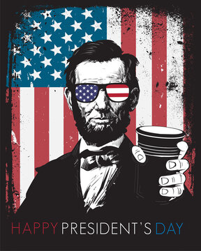 Presidents Day background Abraham Lincoln with flag glasses and beer cup 