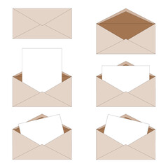 Ordinary paper oblong isolated envelopes, open and closed, with a letter inside. Delivery of correspondence in an envelope. Can be used for example as stickers or icons. 