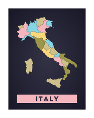 Italy map. Country poster with regions. Shape of Italy with country name. Modern vector illustration.